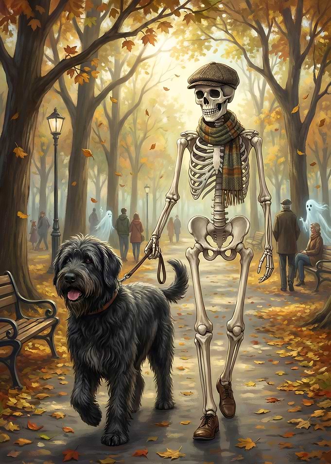 Skeleton walking dog in autumn park