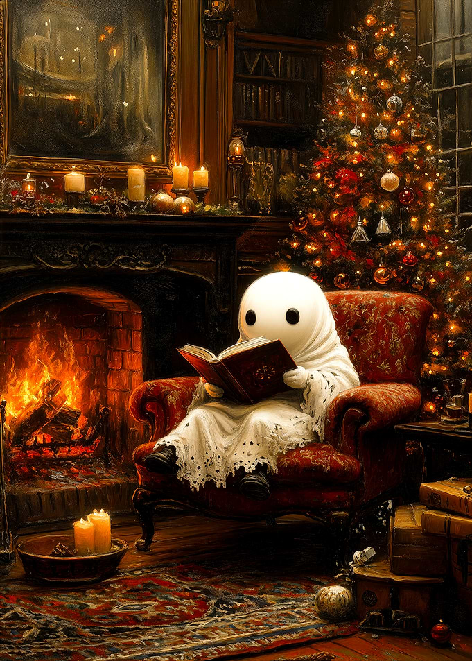 Cozy Ghost reading by the Christmas Tree