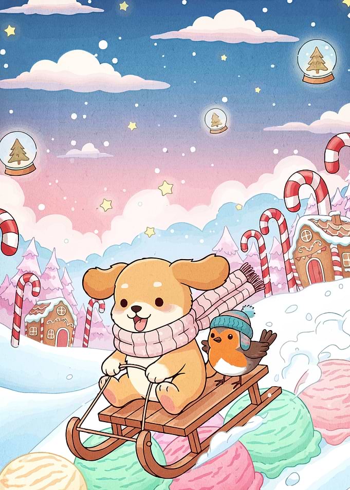 Dog and Bird Sledding in Winter Wonderland