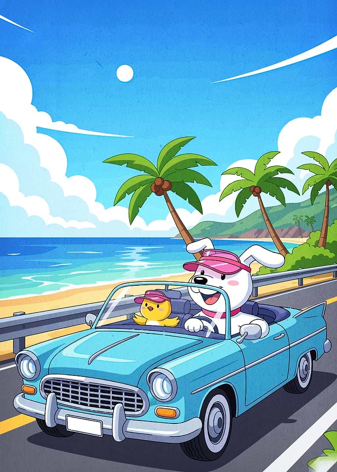 Cartoon dog and chick road trip