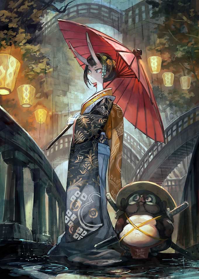 Oni Girl with Tanuki in Rain