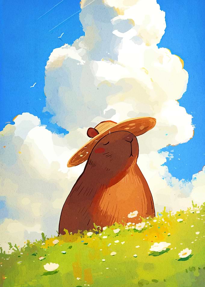 Capybara in a hat under clouds