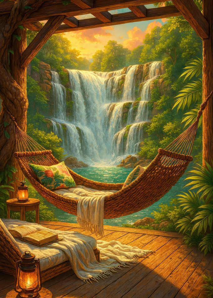 Hammock Retreat by Waterfall