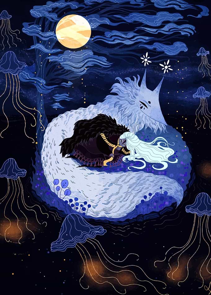 Fantasy Night Scene with Wolf and People
