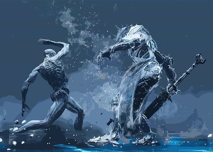 Fantasy Battle Scene in Blue Tones