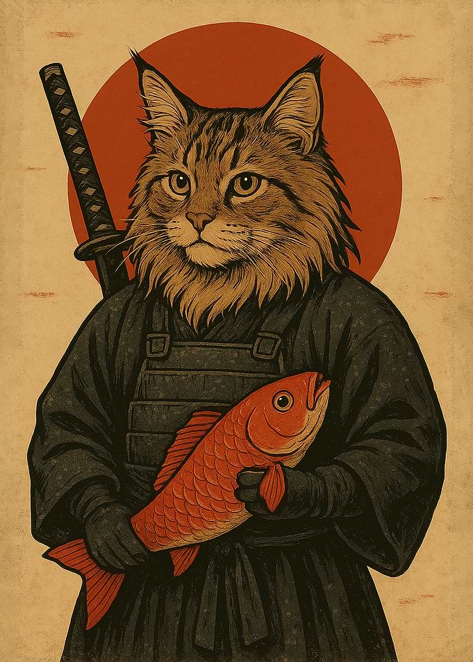Samurai Cat with Fish