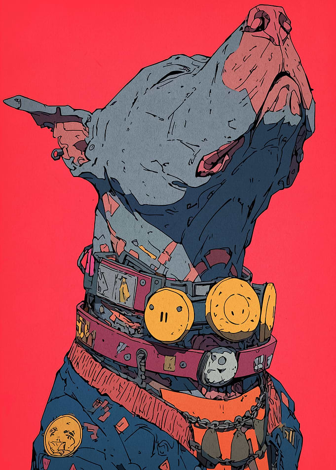 Cyberpunk Dog Portrait on Red Background