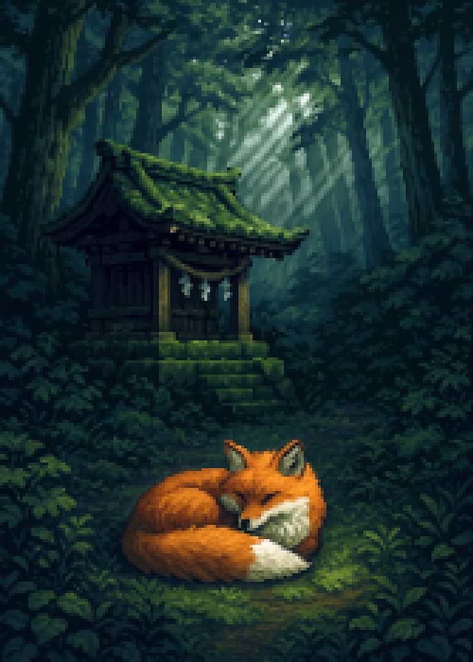 Fox Sleeping by Shrine in Forest
