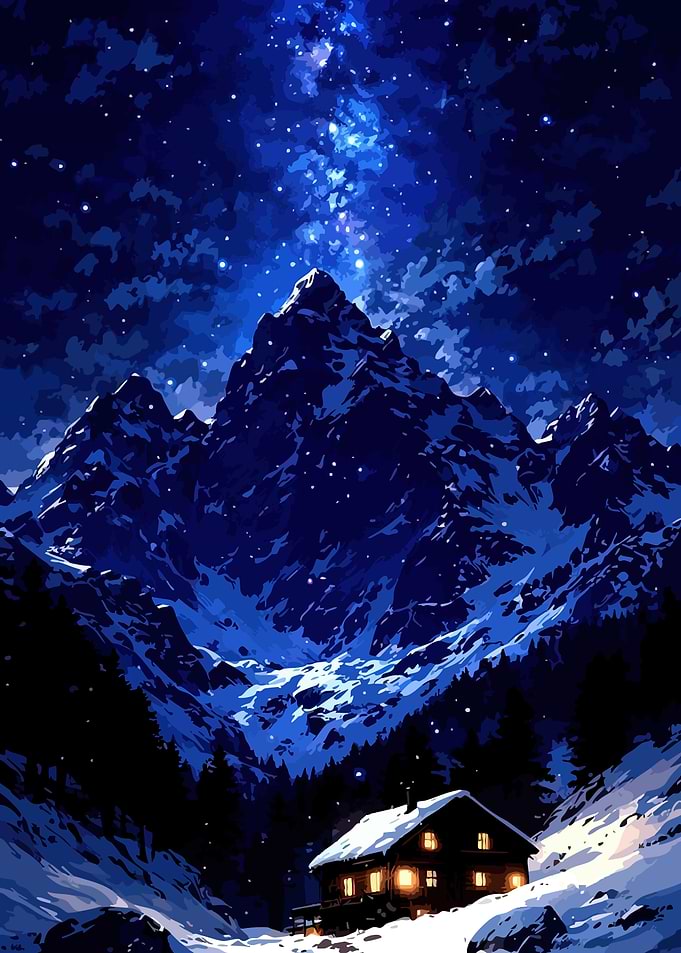 Winter Cabin Under Starry Night Sky