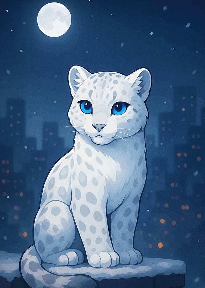 Cartoon Snow Leopard Under Moonlight