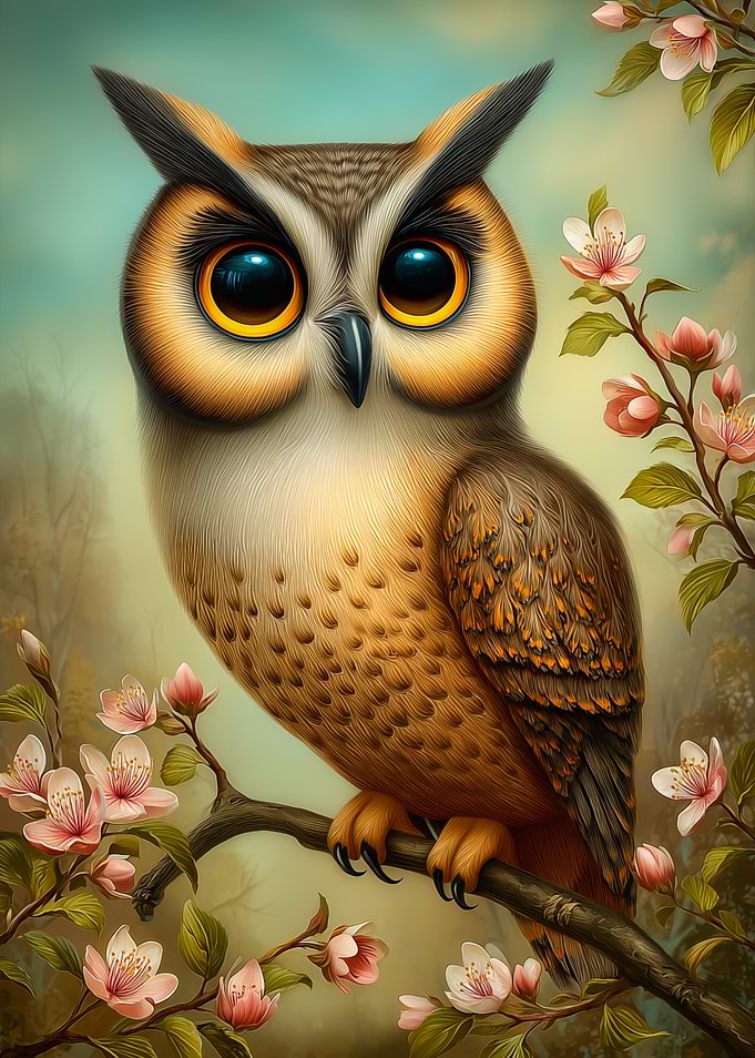 Owl perched on flowering branch