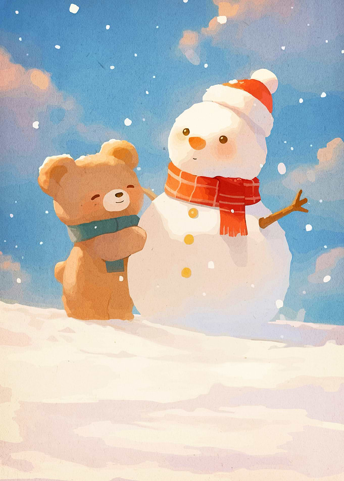 Bear and Snowman Winter Scene