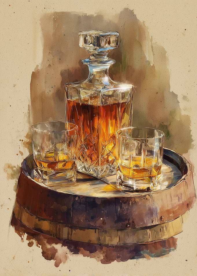 Whiskey Decanter and Glasses on Barrel