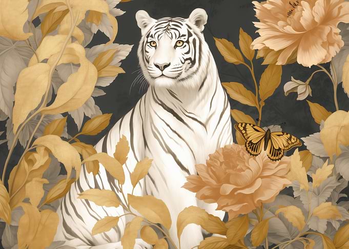 White Tiger in Golden Floral Garden