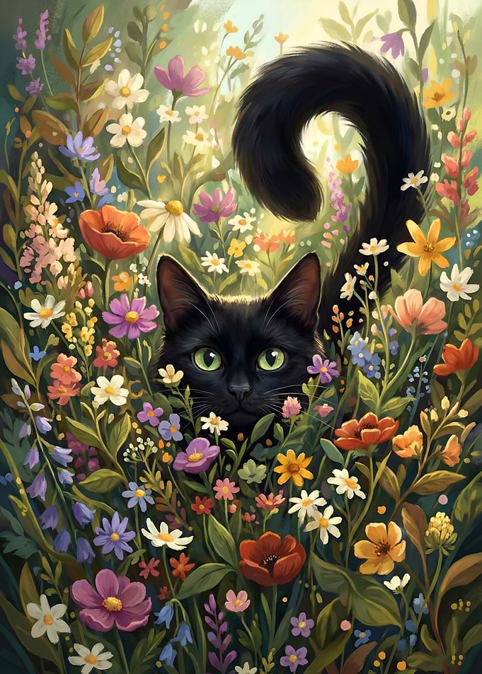 Black cat in a flower garden