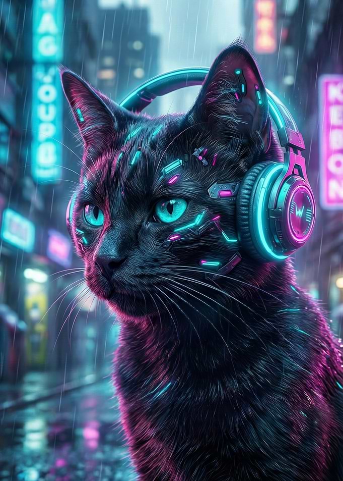 Cyberpunk Cat with Headphones in Rain
