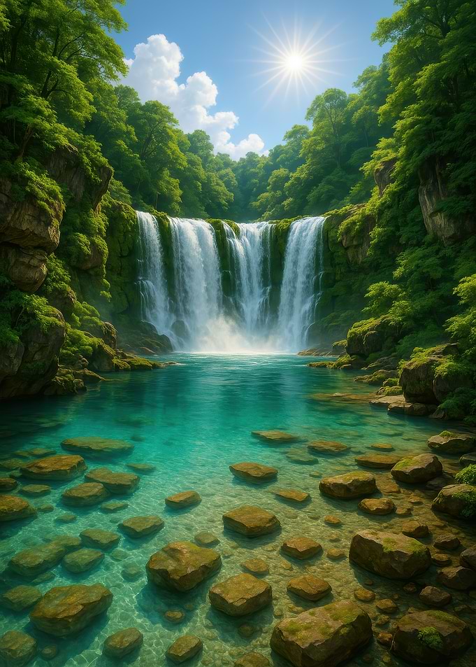 Lush Waterfall and Clear Turquoise Pool