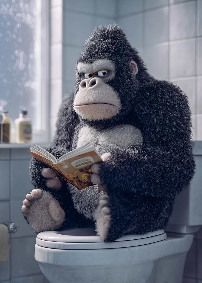 Gorilla Reading on Toilet