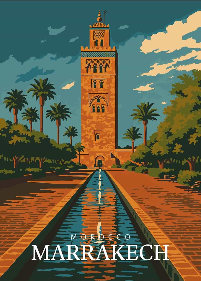 Marrakech Koutoubia Mosque Tower, Vintage Moroccan Travel Illustration