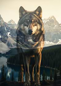 Wolf and Mountain Landscape Double Exposure