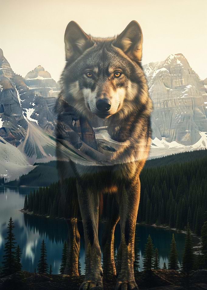 Wolf and Mountain Landscape Double Exposure