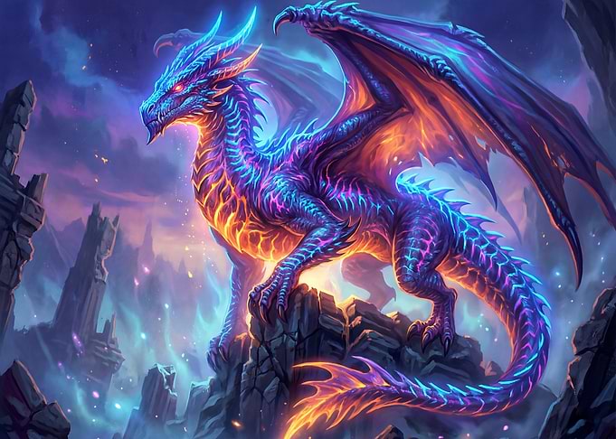 Neon Dragon on Rocky Outcrop