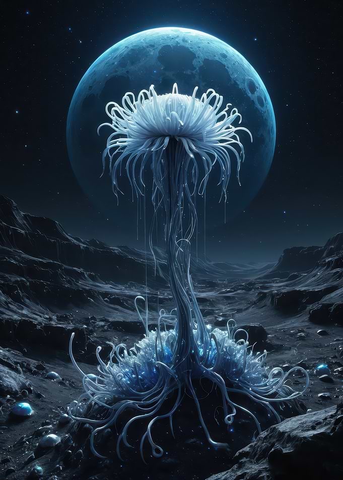 Luminous Alien Bloom on a Moonlit Lunar Plain