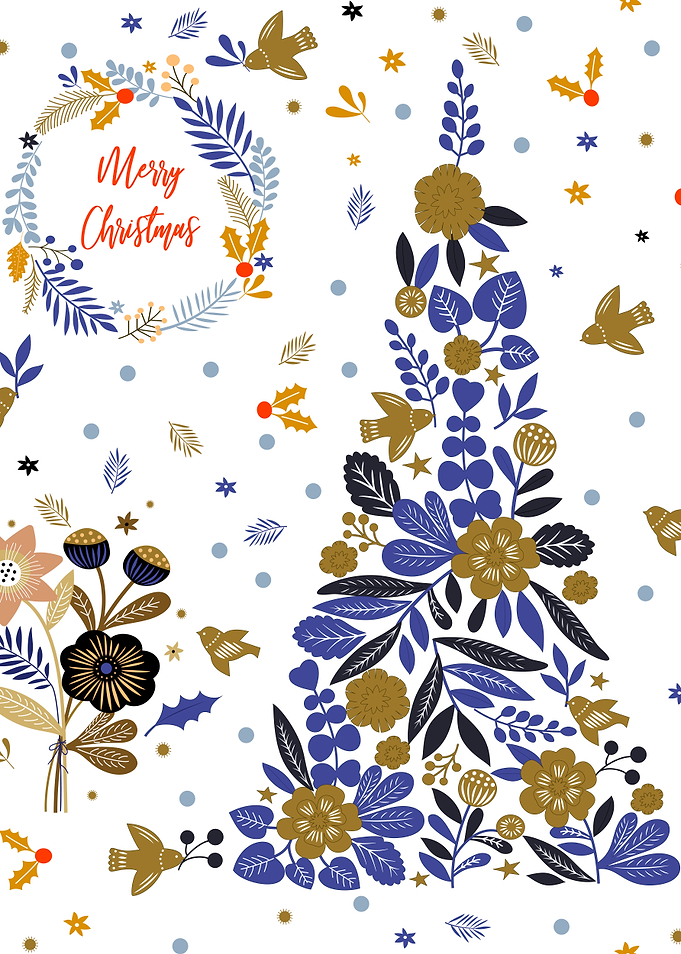 Vintage Blue Minimalist Christmas Bird Flowers Tree