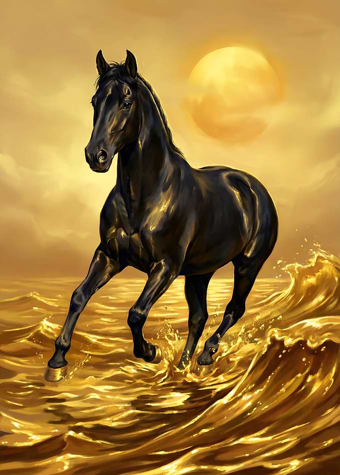 Black Horse Galloping Through Golden Waves