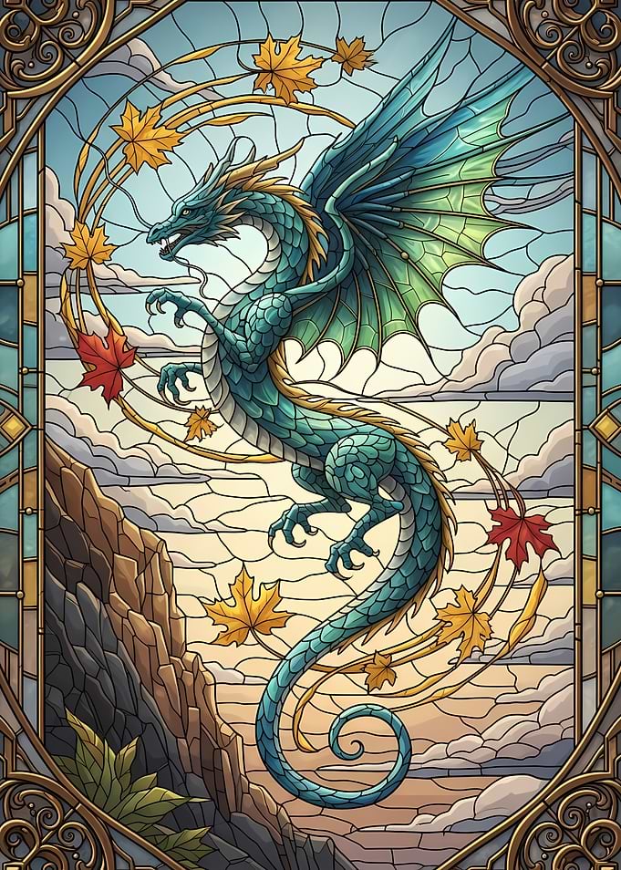 Stained Glass Dragon with Autumn Leaves