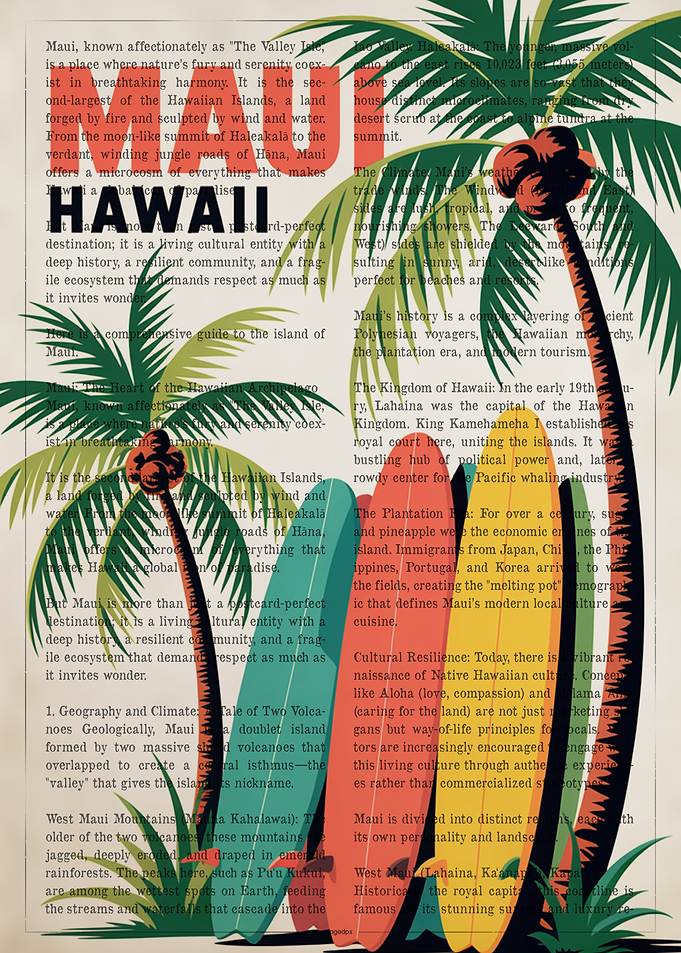 Maui Hawaii Travel Poster with Surfboards