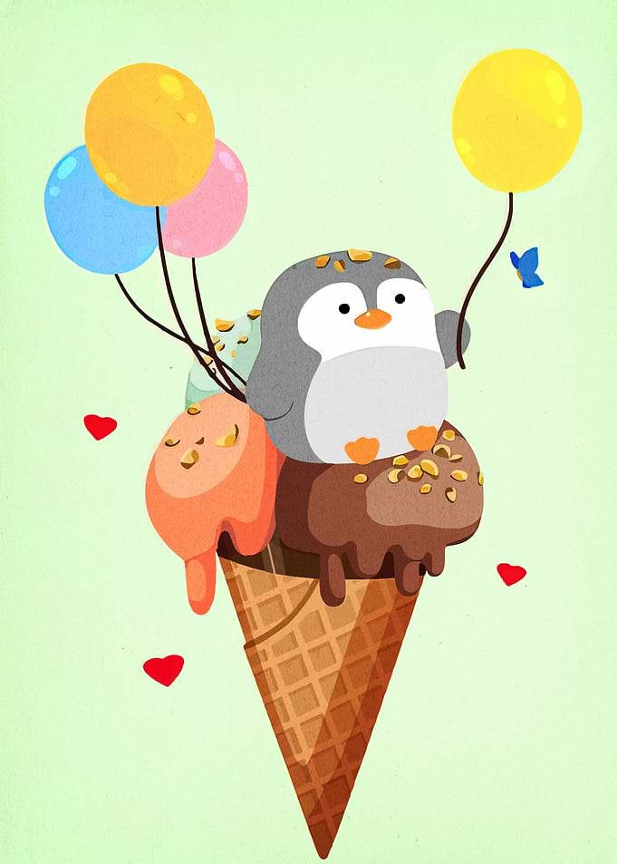 Penguin on Ice Cream with Balloons
