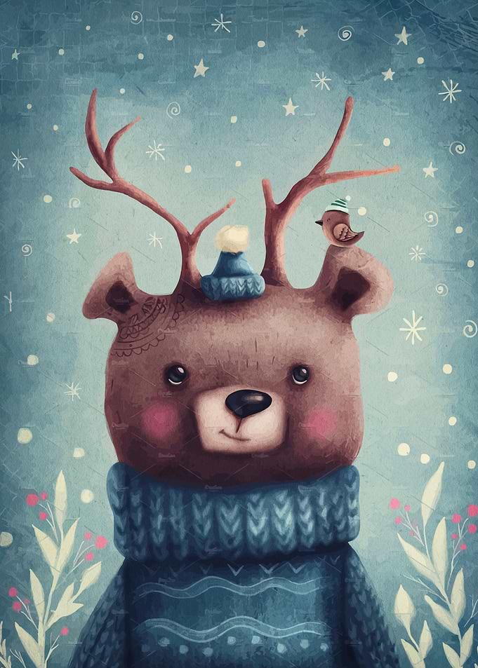 Cute Winter Bear with Bird