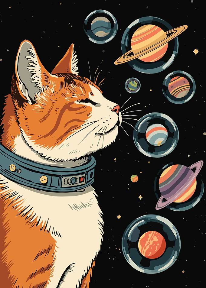 Astronaut Cat with Planets