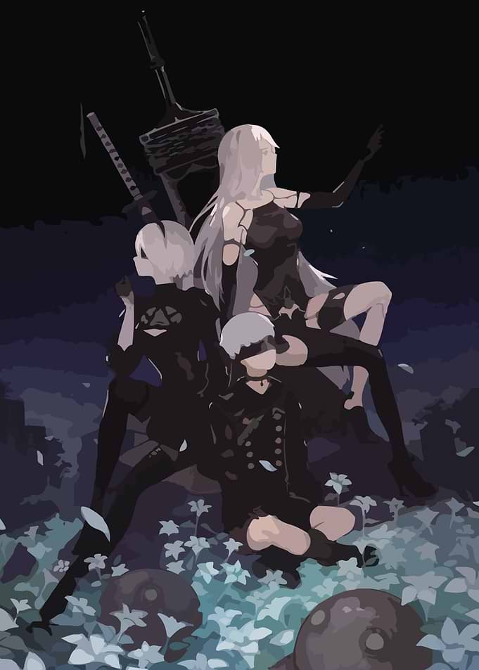 Nier Automata characters in a field
