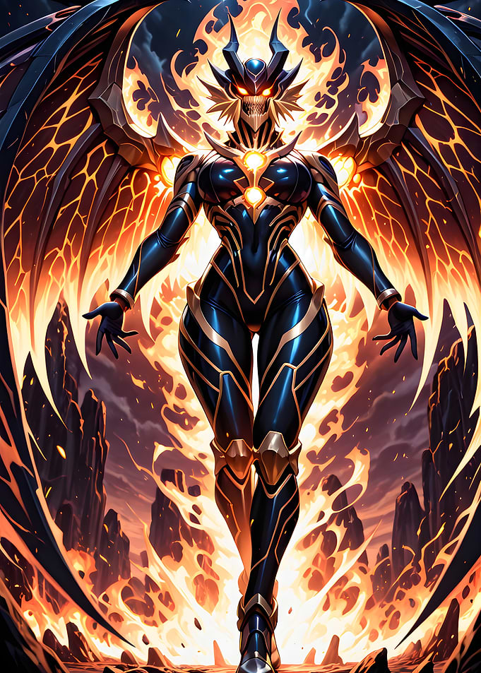 Winged Demon Warrior in Fiery Landscape