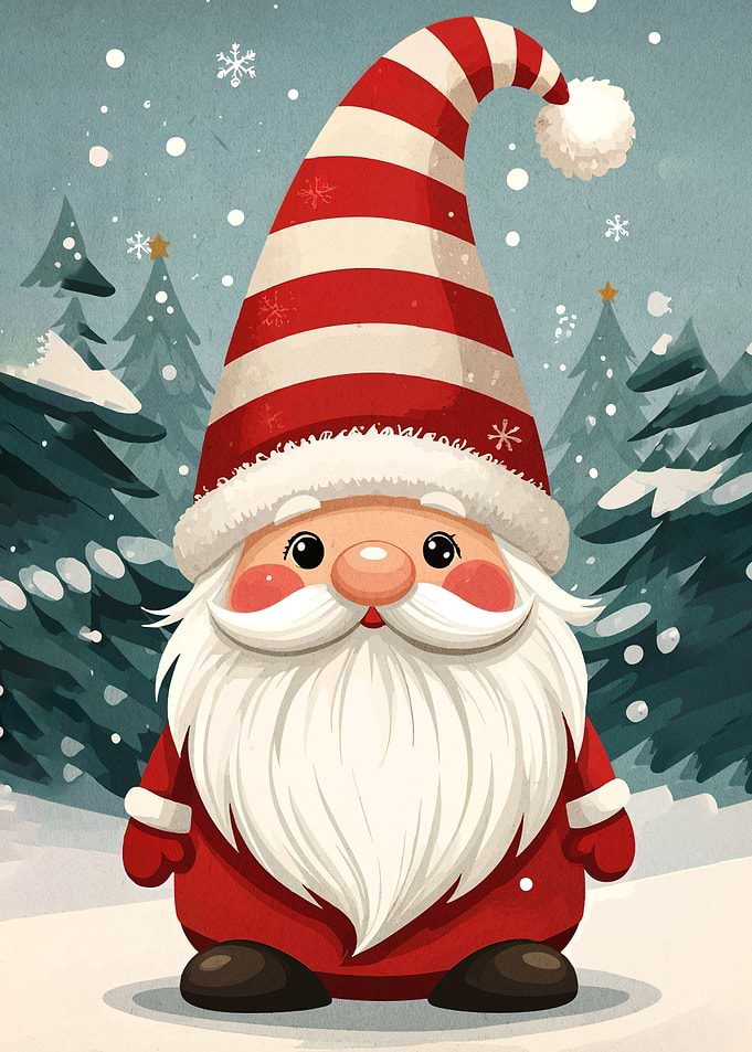 Cartoon Santa Gnome in Winter Scene