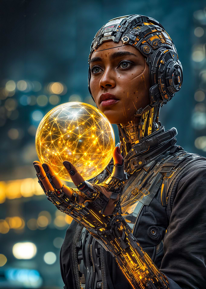 Cyberpunk Woman Holding Glowing Orb