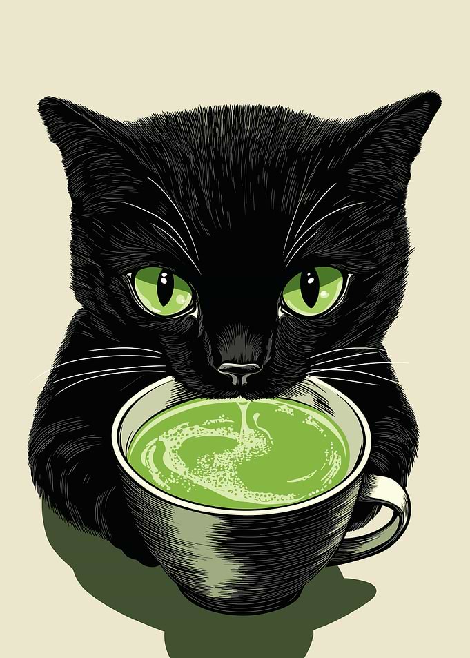 Black Cat drinking Matcha Tea