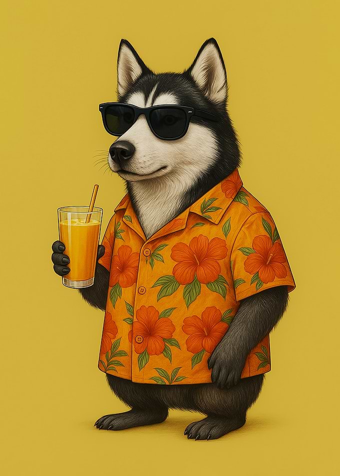 Husky in Hawaiian shirt with drink
