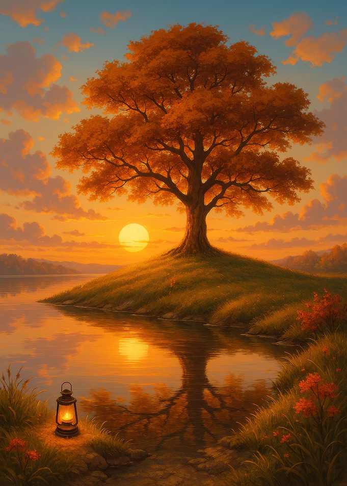 Autumn Tree Sunset by the Lake