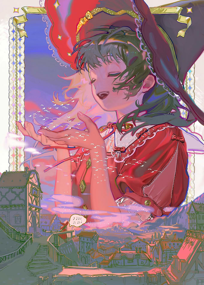 Whimsical Witch Blowing Birds Over Town