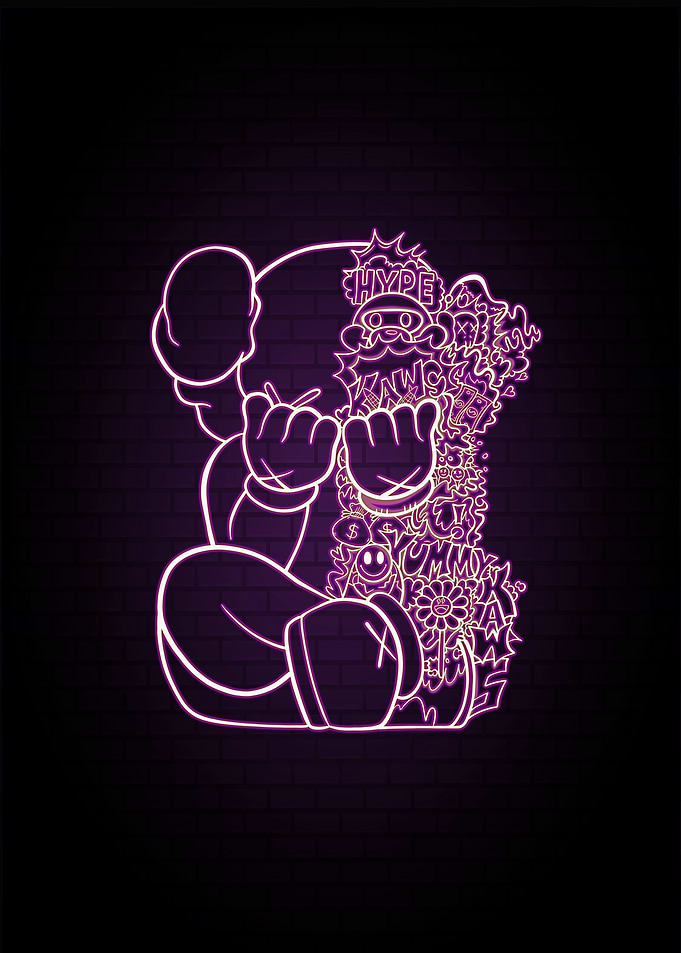 Neon Kaws Doodle Art on Brick