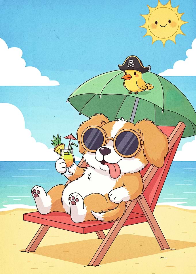 Dog on Beach with Cocktail