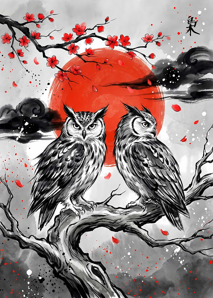 Two Owls Japanese Art