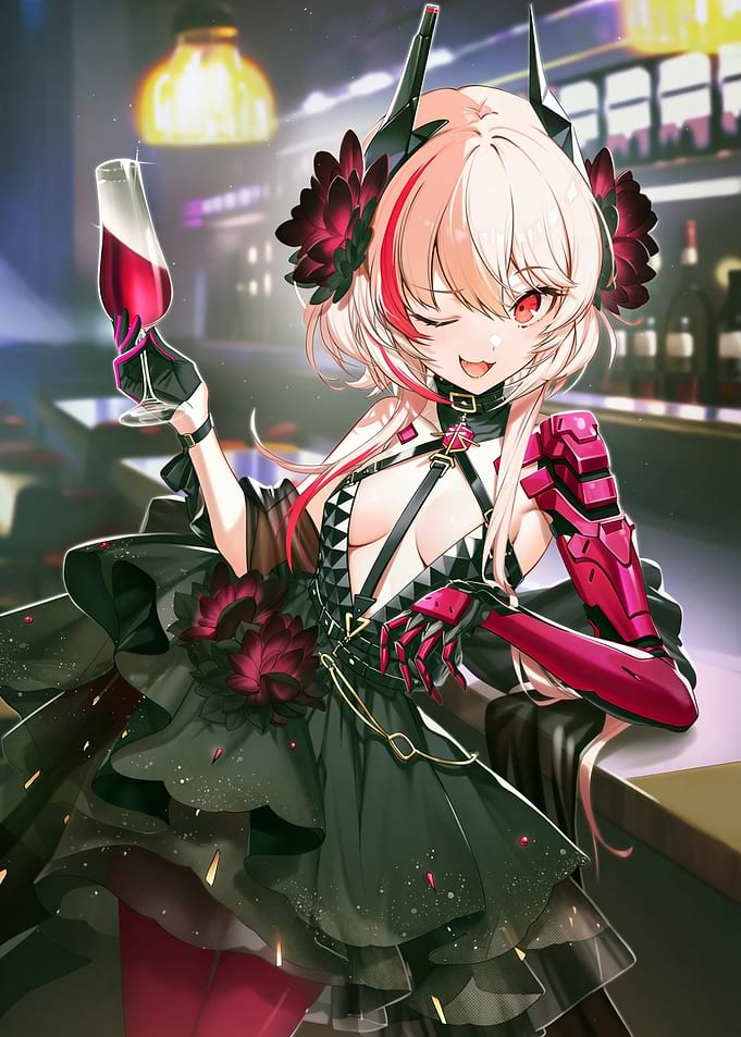 Anime Girl with Wine in Bar