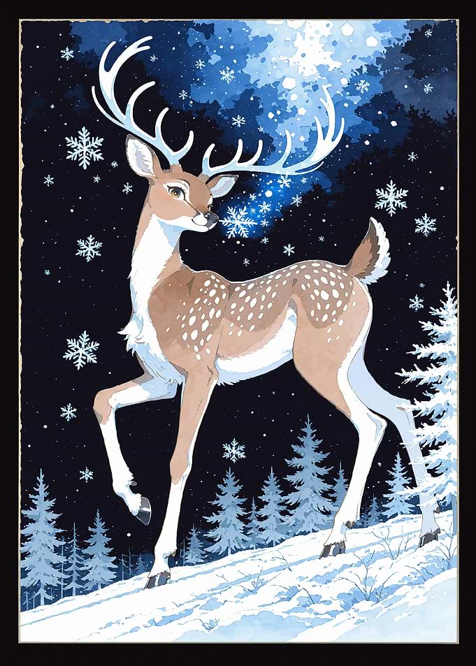 Watercolor Deer in Winter Wonderland