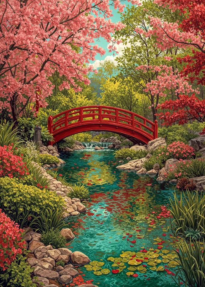 Garden with Red Bridge