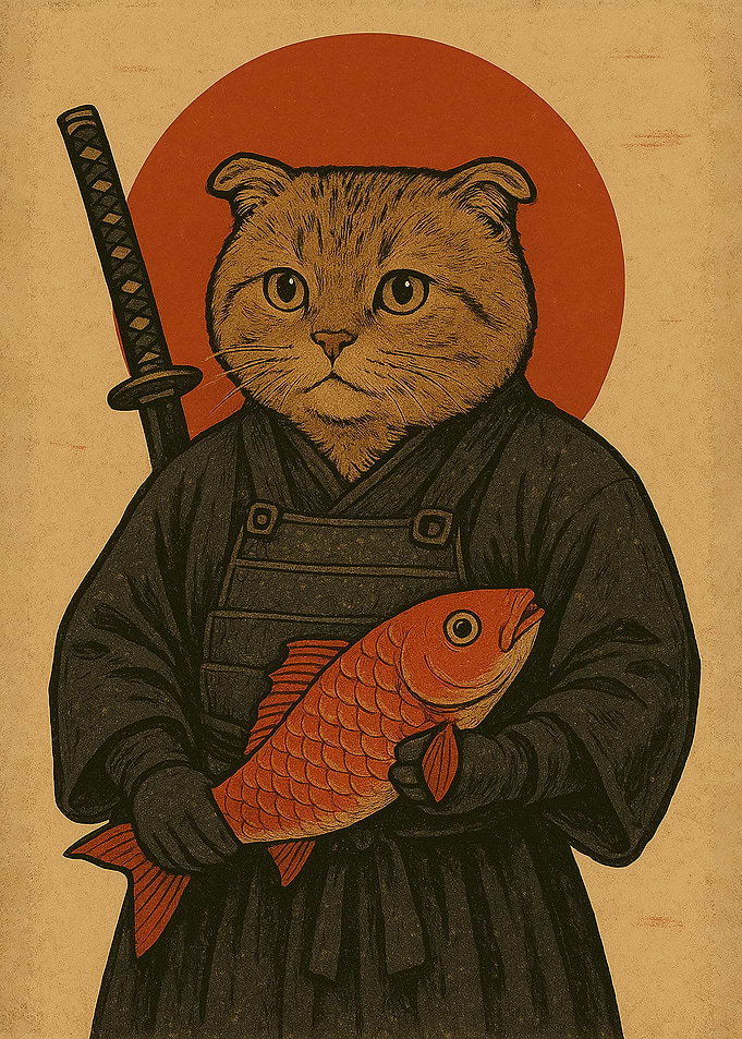 Samurai Cat with Fish