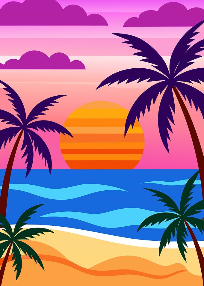 Vivid Tropical Sunset Beach Landscape with Palm Trees and Ocean Waves Metal Wall Print Art
